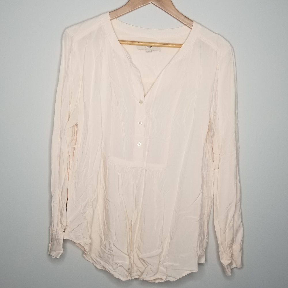 Loft LIght Pale Pink Long Sleeve Bib Blouse